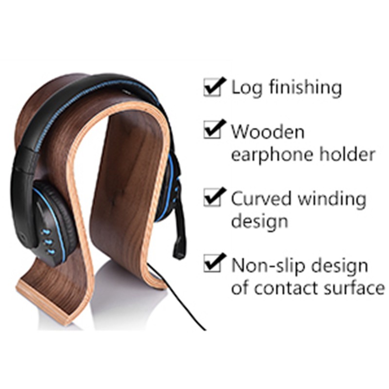 U Shape Wood Headphones Stand Holder Hanger Wooden Headset Desk