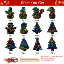 Pack of 48 Christmas Scratch Pictures for Children, Craft Set Christmas Rainbow Scratch Pictures with Wooden Pens and 48 Ribbons - Small Gifts Advent Calendar Filling Contents Children