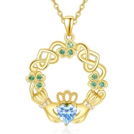 Dreamboat Sterling Silver Claddagh Necklace for Women Celtic Knot Irish Necklace Clover Shamrock Necklaces Gold Blue Aquamarine March Birthstone Necklace Luck ST Patricks Day Jewelry Gift for Mom