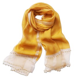 LumiSyne Women's Spring Silk Chiffon Scarf, Elegant Solid Color Scarf, Silk and Tulle Design, Beaded Decoration, Large Stole, Thin, Sunscreen Shawl, For Seaside, Travel, Work, yellow