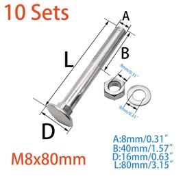 10 Sets Long Square-Neck Carriage Bolts Set,Carriage Bolts Set w/Nuts & Flat Washers,Zinc-Plated,Carbon Steel Grade 4.8,Plain Finish,Partial Threaded(M8-1.25X80mm)
