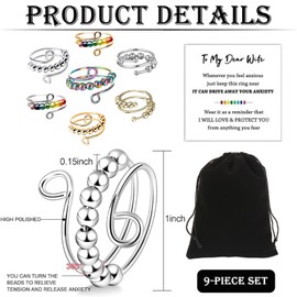 9-Piece Anxiety Ring Set, Adjustable Anti-Stress Ring, Relief from Anxiety and Colourful Anti-Stress Ring, Anxiety Spinning with Beads, Open Spinner Women, Anxiety Stress Rings for Women
