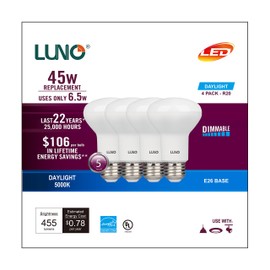 LUNO R20 Dimmable LED Bulb, 6.5W (45W Equivalent), 455 Lumens, 5000K (Daylight), Medium Base (E26), UL & ENERGY STAR (4-Pack)