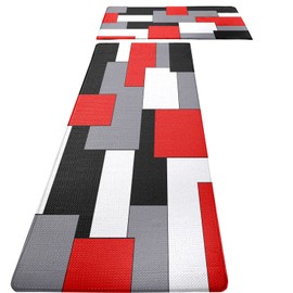 FNLNDO Red Black Grey White Kitchen Rugs and Mats Set of 2 Cushioned Anti Fatigue Geometric Non-Skid Washable Mats for Kitchen Sink Laundry