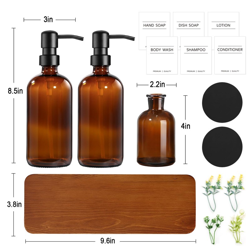 Kitchen Soap Dispenser Set with Wood Riser Tray, Amber Glass