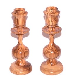 Holy Land Market A Pair of Oriental Design Olive Wood Candle Holders or Sticks (16 cm or 6.3 inches) - Asfour Outlet Trademark