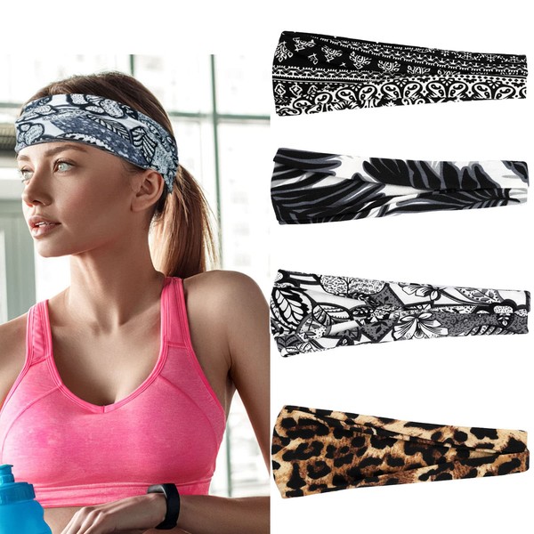 Black Headbands for Women Stretchy Sports Yoga Outdoor Headband Cheetah-print Hairband Makeup Spa Headband Soft Breathable Head Band (3 Black 1 Brown Leopard-print)