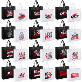 Bulyoou 24 Pcs Cheer Bags Cheerleader Gift Bulk Cheerleading Tote Non Woven Goodie Bag with Handles for Women(Red Pattern)