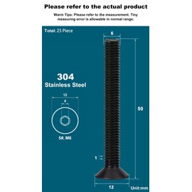 Drenky Black Socket Countersunk Screws M6 X 50mm 304 Stainless Steel Hex Socket Countersunk Bolts DIN 7991 / ISO 10642 Machine Screws Rustproof Flat Head Hex Socket Cap Screws (Pack of 25)