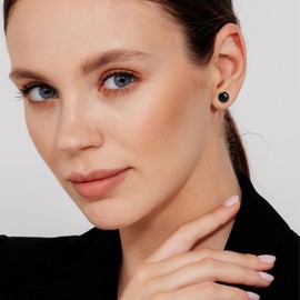 8mm Natural Black Onyx Stud Earrings for Women Girls, 925 Sterling Silver Round Crystal Stone Ball Studs, Hypoallergenic Fashion Crystal Gemstone Jewelry Gifts