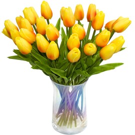 JOEJISN 30pcs Artificial Tulips Flowers Real Touch Orange Tulips Fake Holland PU Tulip Bouquet Latex Flowers for Wedding Party Office Home Kitchen Decoration (Orange)