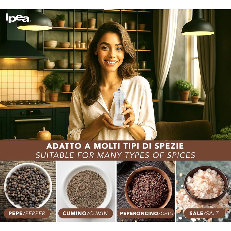 IPEA Macinapepe Manuale Trasparente per Pepe, Peperoncino e Sale -