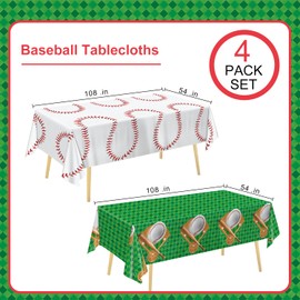 Oigco Baseball Party Decorations 4-Pack Baseball Tablecloth Disposable Plastic Table Cover for Games Birthday Party, 54 x 108 Inch