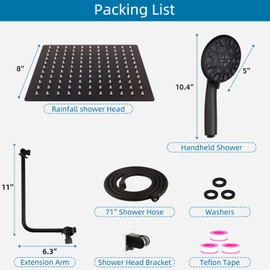 8" High Pressure Rainfall Shower Head All Metal 7-Spray Handheld Showerhead Combo with 11" Adjustable Shower Extension Arm, 71" Hose, Adhesive Shower Head Holder, Oil Rubbed Bronze