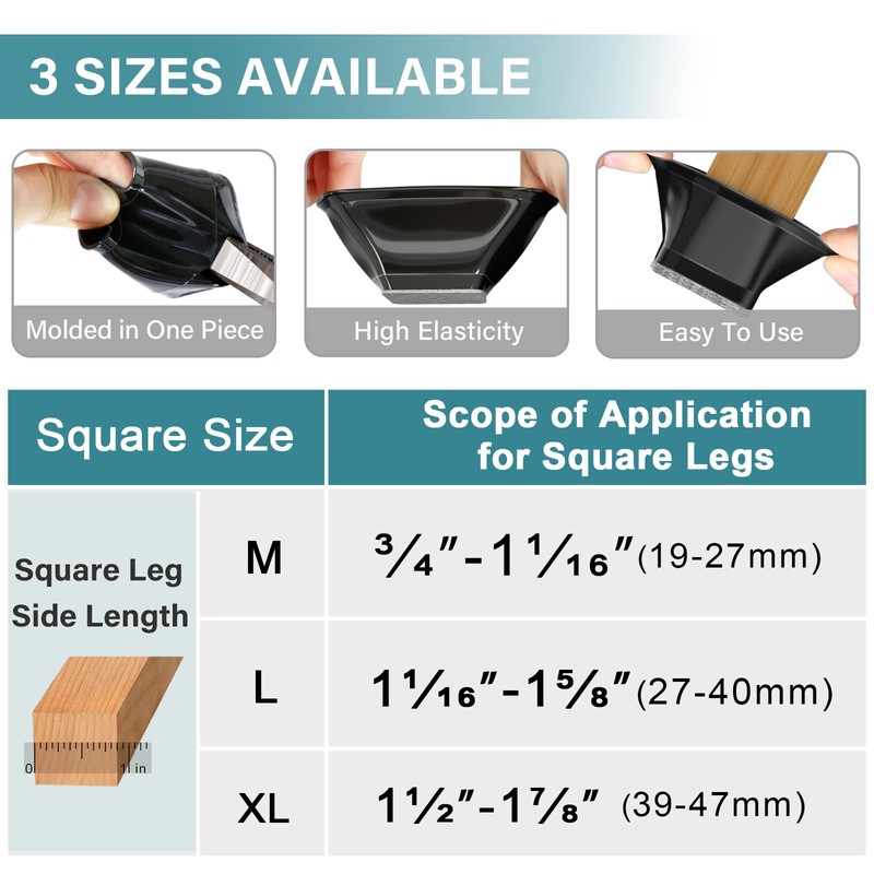 ANSIBLE Chair Leg Floor Protectors Square 24pcs Clear Fit:27-40mm