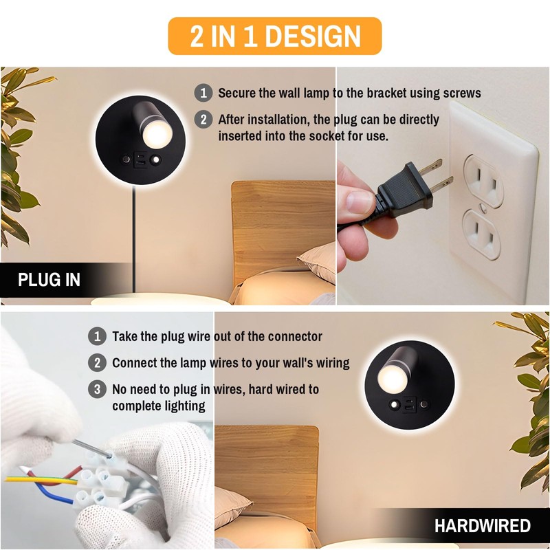 ERAY Wall Mounted Reading Light, Adjustable Wall Sconces with USB