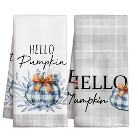 RPLCSPC Pumpkin Decorative Gifts Kitchen Towel Set, Grey Waffle Weave Pumpkin Towels, Birthday Housewarming Gift Ideas for Friends, Farmhouse Home Seasonal Decoration(Set of 2)-C04