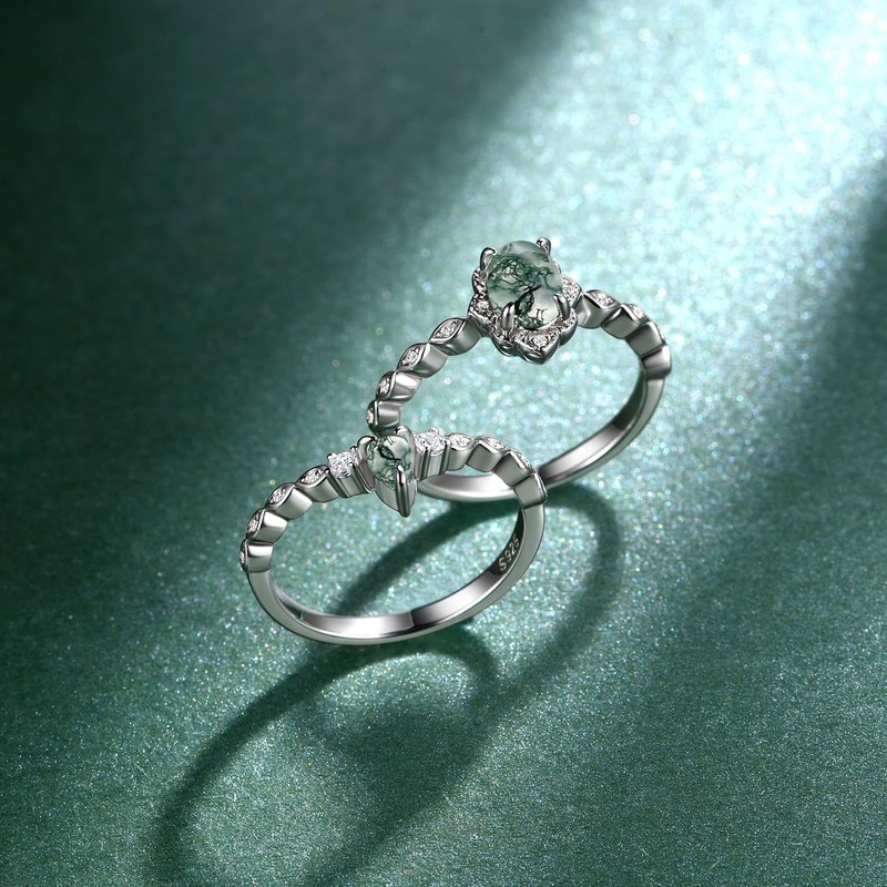 Cujiesp Moss Agate Engagement Ring Set (9)