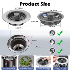 3 In 1 Kitchen Sink Strainer, Upgraded Kitchen Sink Plugs, Kitchen Pop Up Kitchen Sink Plug Replacement, Sink plugs for Food,Prevents Odors,Includes 1 Strainer Sink Food Catcher