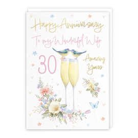 Hunts England - Wife 30th Anniversary Card - A5 Size - Champagne Flutes - Gold Foil - Luxury 30th Anniversary Card For Wife - 30 Years - 30th Anniversary - Milo's Gallery