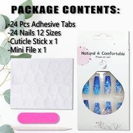 KTAABTR Blue Press on Nails Medium Length, Butterfly Fake Nails with Glue Matte Acrylic Nails Design Flowers Butterflies Hearts stick on Nails for Woman 24Pcs Coffin Artificial Nails Decoration Set