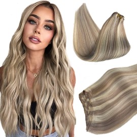 Sew in Hair Extensions Real Human Hair, 18nch 100g Weft Hair Extensions Light Brown with Platinum Blonde Balayage Sew in Straight Remy Human Hair Full Head