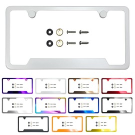 Bottom Corner Cut Out Version License Plate Frame Matte White Powder Coated Universal Fit Aluminum Screw On Cap Cover, T304 Stainless Steel, Rust Weather Proof Stainless Steel Screws (Qty: 1 Frame)