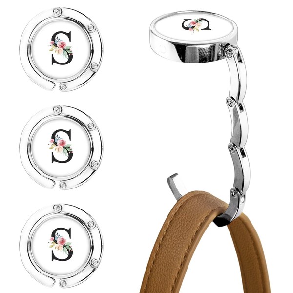 XSUIOY 3Pcs Personalized Initial Foldable Purse Hook for Table,Crushed Flower