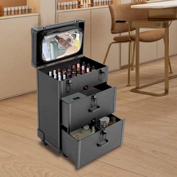 TOOL1SHOoo Rolling Train Case Aluminum Trolley Professional Cosmetic Organizer Box