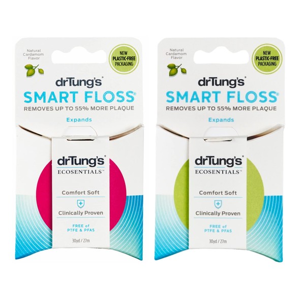 DrTung's Smart Floss - Natural Floss, PTFE & PFAS Free Floss, Gentle on Gums, Stretches, BPA Free Floss - Natural Dental Floss Cardamom Flavor, 2 Pack