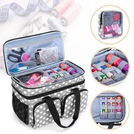 BAFASO Large Sewing Organizer Bag with an Individual Pouch and Detachable Dividers, 2 Layers Sewing Storage Bag for Sewing Supplies, Polka Dots