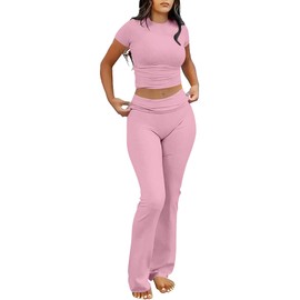 ANRABESS Lounge Sets for Women 2 Piece Foldover Yoga Flare Leggings Pants Crop Tops Casual Y2K Outfits Matching Tracksuit Set Pink Medium