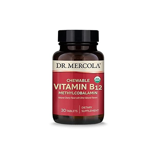 Dr. Mercola Organic Chewable Vitamin B12 Dietary Supplements, 30 Servings (30 Tablets), Natural Cherry Flavor with Other Natural Flavors, Non GMO, Gluten Free, Soy Free, USDA Organic