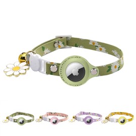 AirTag Cat Collar, Kitten Airtag Collar with Air Tag Holder and Bell, Breakaway Cat Airtag Holder, Adjustable Cat GPS Tracker Collar, Daisy Flower, Kitten Collar Girl Puppies, Green