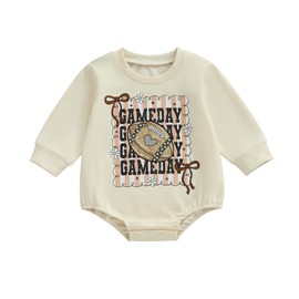 BemeyourBBs Newborn Baby Girl Football Clothes Bubble Romper Sweatshirt Romper Fall Cute One Piece Outfit (Game Day Apricot, 6-12 Months)