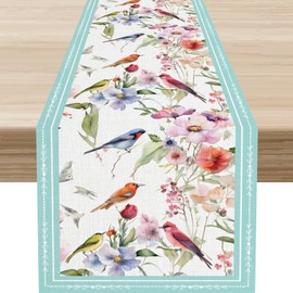 Blue Spring Floral Table Runner, Floral Birds Seasonal Wildflower Vintage Elegant Buffalo Summer Holiday Farmhouse Kitchen Dining Table Scarf for Holiday Kitchen Living Room Home Party Decor 13"x36"