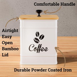 Airtight Coffee Canister - 40 oz Large Iron White Coffee Container Airtight - 6 x 8 inch Metal Jar - Stylish Countertop Container for Coffee Grounds, Beans, Pods & More with Rubber-Lined Bamboo Lid