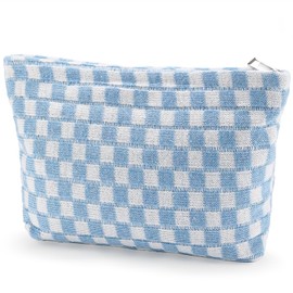 Checkered Makeup Bag for Women Large Capacity Blue Travel Cosmetic Bag Makeup Pouch for Purse Zipper Toiletry Organizer Cute Y2K Aesthetic Trendy Makeup Brushes Storage Bag Travel Essentials