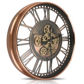 DORBOKER Real Moving Gears Wall Clock Large Modern Metal Clocks for Living Room Decor, Industrial Steampunk Unique Vintage Rustic Decorative Clock for Home Farmhouse Office, 21 Inch,Red Copper Roman