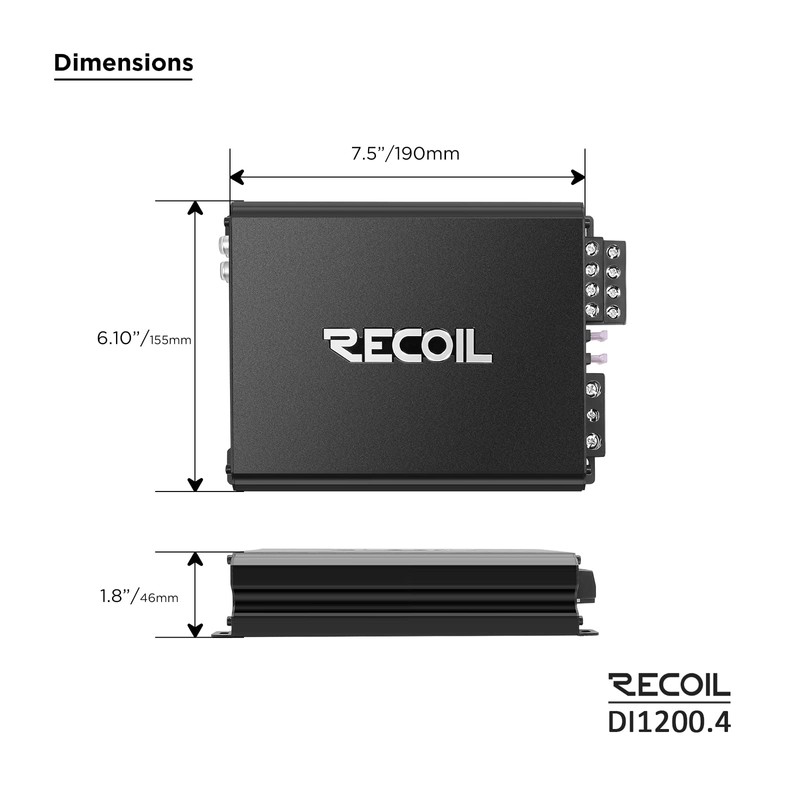 Recoil DI1200-4 Full-Range Class-D 4-Channel Car Audio Amplifier, 2,400 Watts,