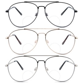 Classic Aviator Blue Light Glasses for Men and Women,Bifocal Reader Metal Frame Clear Lens Eyeglasses 3.0