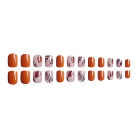 Press on Nails Short Square Fake Nails Orange Yellow Nails Press ons Glossy Glue on Nails Fall Acrylic Nails with Leaves & Branches Designs Artificial Stick on Nails for Women 24Pcs