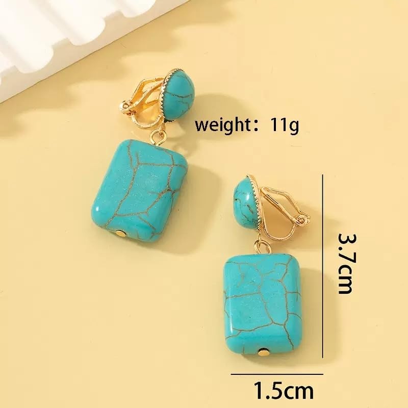 Turquoise Drop Clip-On Earrings, Gold-Tone, Rectangle Stone, 1.5 cm Width