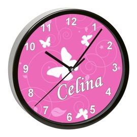 CreaDesign, WU-01-1032-02 Butterfly Pink Wall Clock for Children's Room, Customisable with Name, Black Frame, Diameter 19.5 cm