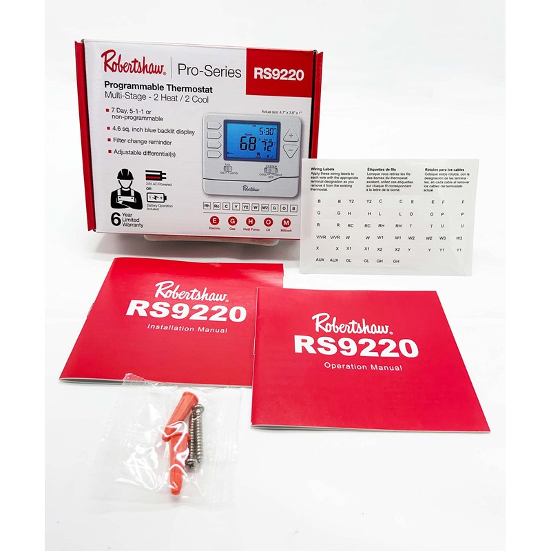 Robertshaw RS9220 Pro Series 7-Day Programmable Thermostat, Multi-Stage, 2 Heat