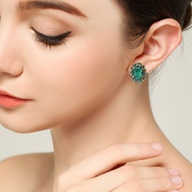 BriLove St Patricks Day Earrings Victorian Style Clip On Earrings for Women Crystal Floral Cameo Inspired Oval Earrings Emerald Color Antique-Gold-Toned