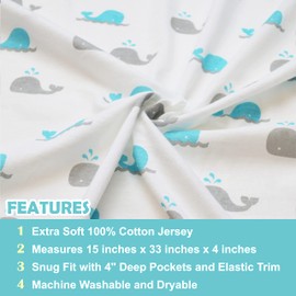 American Baby Company 15" x 33" Fitted Bassinet Sheet, Printed 100% Natural Cotton Jersey Knit, Aqua Whale, Soft Breathable, for Boys and Girls 1 Count (Pack of 1)
