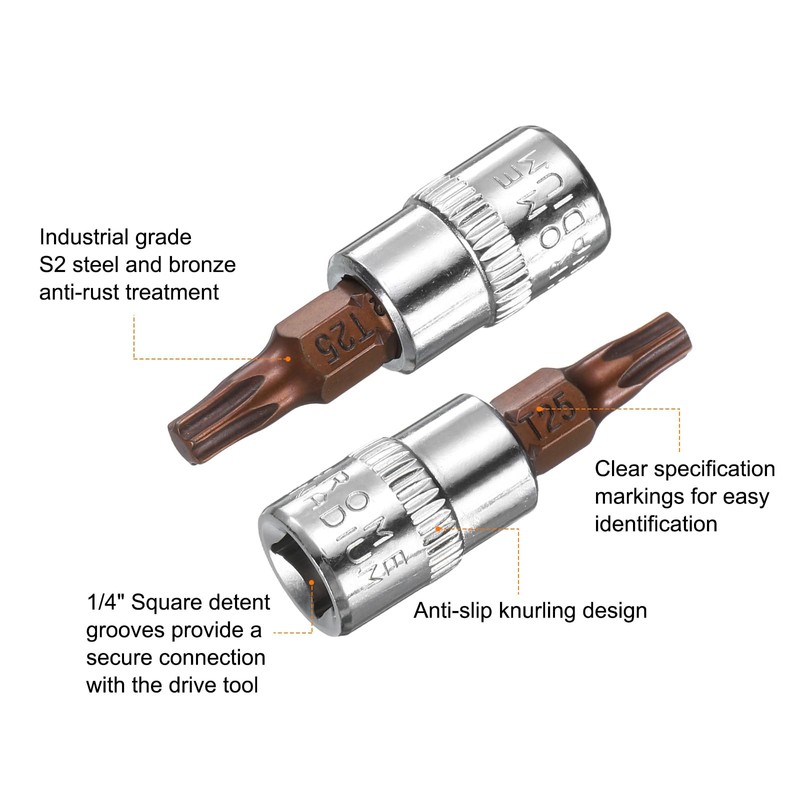 HARFINGTON 5pcs T25 Torx Bit Socket 1/4" Square Drive Star