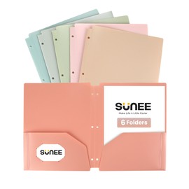 SUNEE 3 Hole Pocket Folders (6 Pack, Vintage Colors), Plastic Pocket Folders for 3 Ring Binder, 3-Hole Punched Folders with Pockets, for Kids, Students, Teachers, Office Staff