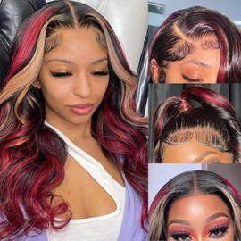 200% Density Glueless Wig Black Red Blonde Wig red and blonde highlight wig human hair Body Wave Lace Front Wigs Human Hair 13X6 Lace Front Human Hair Wigs Pre Plucked with Baby Hair 18INCH